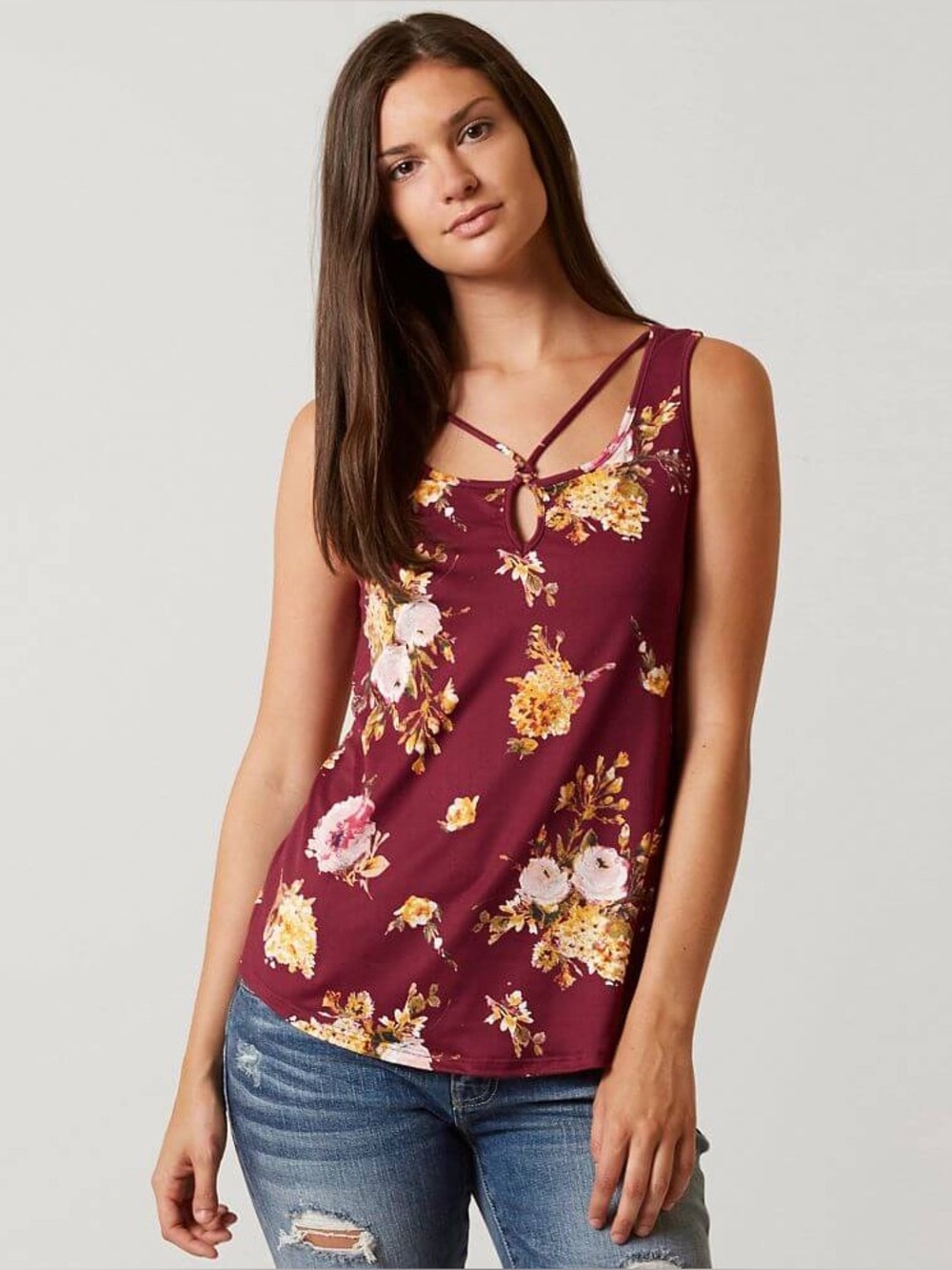 Daytrip (Buckle Brand) Sleeveless Floral Strappy Keyhole Top - Burgundy NWOT XS